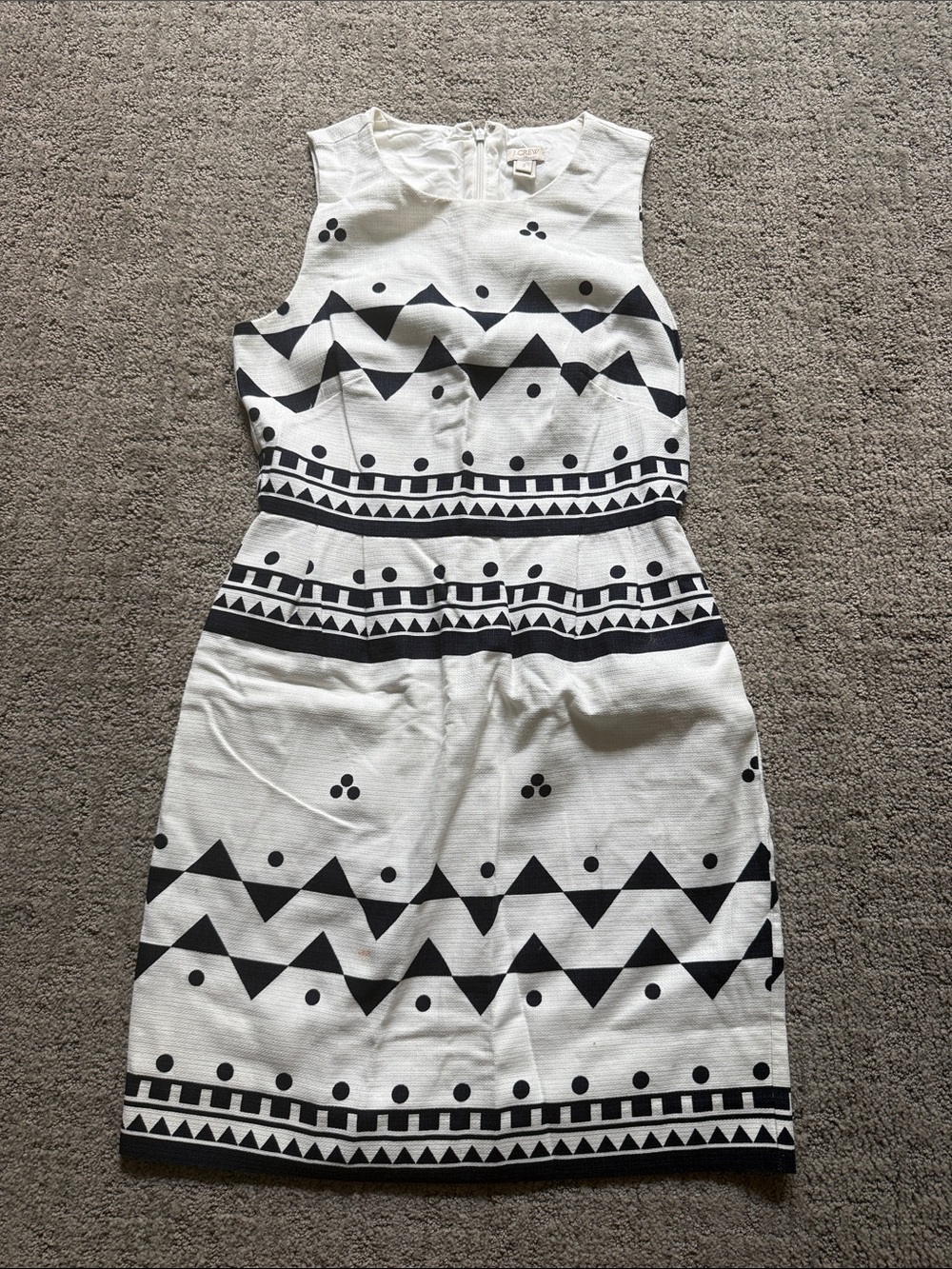 J Crew Sleeveless White Mini Dress with Navy Blue Geometric Print